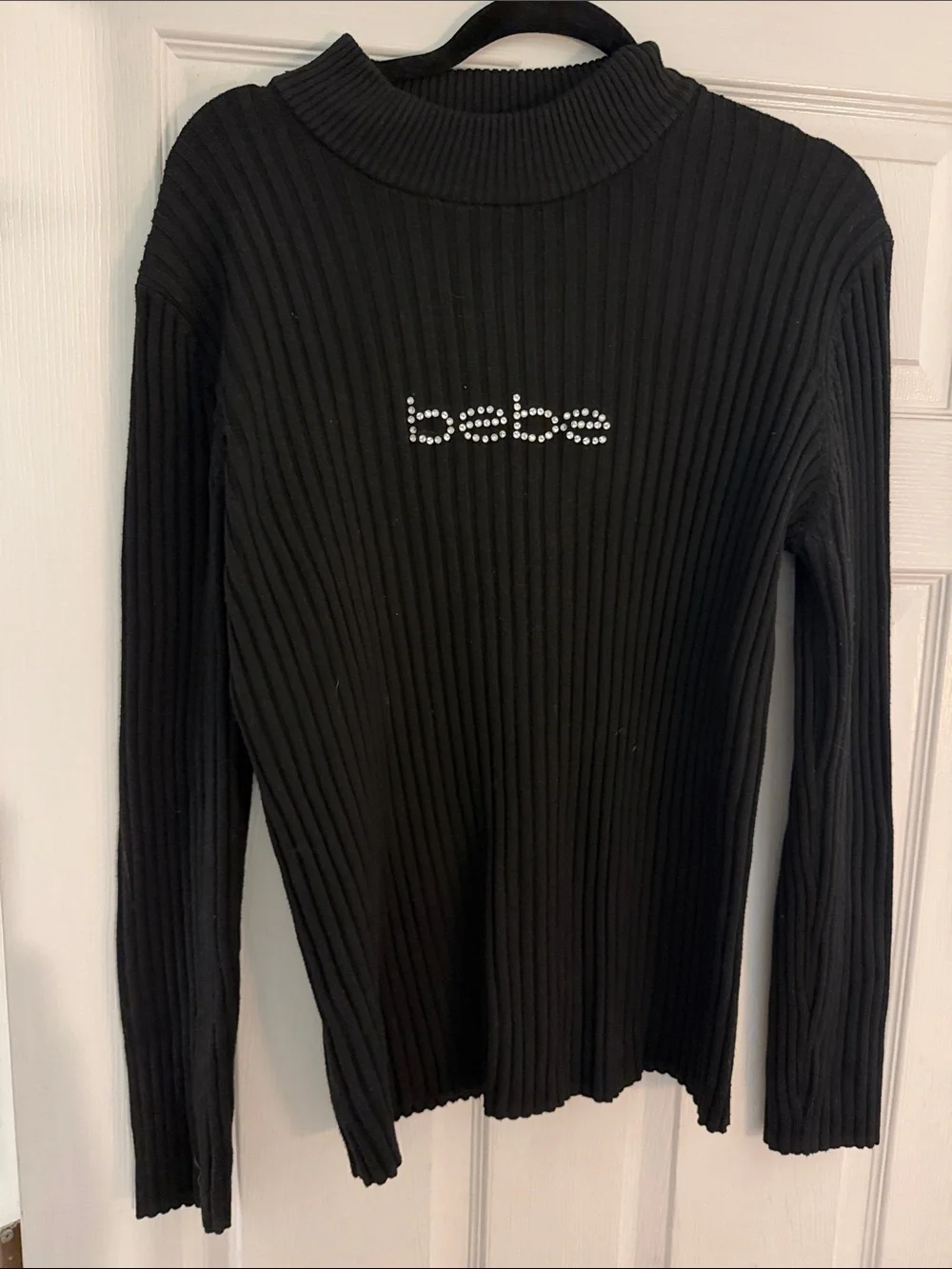 bebe Black Ribbed Long Sleeve Mock-Neck Top with Crystal Logo - Picture 1 of 3